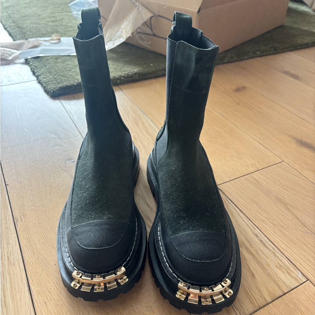 Sandro Dark Green Suede Lace-Up Platform Boots With Gold Trim